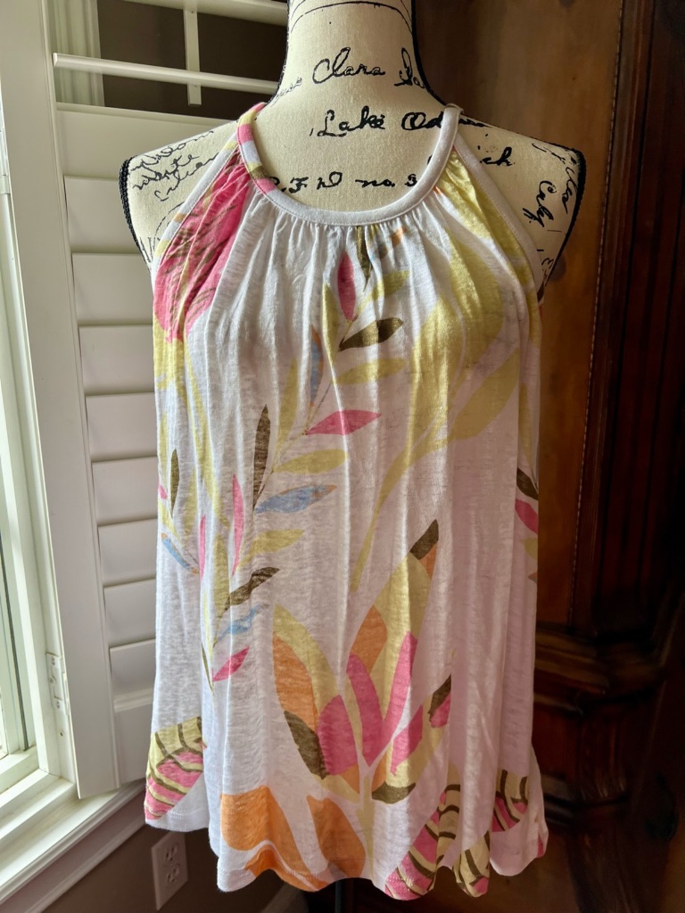 Cynthia Rowley White Halter Tank with Pink Yellow Blue & Brown Leaf Motif